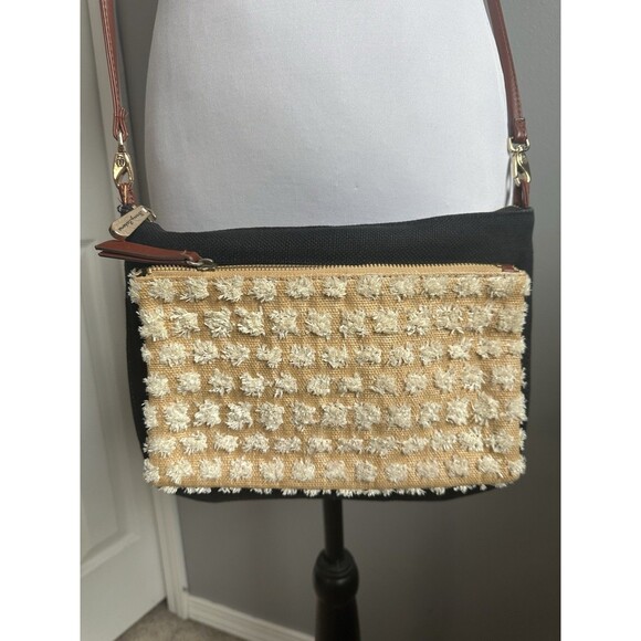 Tommy Bahama Black Linen Crossbody Bag Beige Outer Pocket Shoulder Bag Purse EUC - Picture 2 of 14
